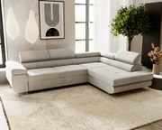 Emporius Sorlo narożnik z funkcją spania i pojemnikiem - regulowane zagłówki, prawostronny, tkanina aksamitna, jasny szary (Amor Velvet 4318)