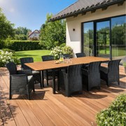 Zestaw Mebli Ogrodowych Stół ARGOS 160-260 cm Dąb/Czarny i 8x Fotel FRESNO Czarny Technorattan Nowoczesny