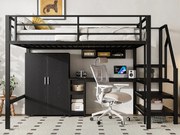 Łóżko mezzanine 140x200 cm z metalu - z biurkiem, szafą i drabiną do przechowywania - Czarny