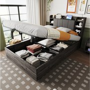 Łóżko z pojemnikiem 140x200 cm, zagłówek ze schowkiem i portem USB, szare drewno - bez materaca