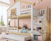 Łóżko piętrowe 90×200 cm - z barierkami - z łóżkiem schowkowym - schodami z miejscem do przechowywania - biały + naturalny (materac nie jest zawarty)