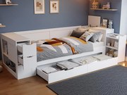 Sofa z funkcją spania dla dzieci 90x200cm - z szufladami, półkami i przestrzenią do przechowywania - z nocną szafką - Biały (bez materaca)