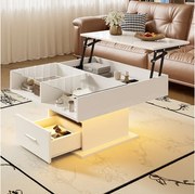 Stolik kawowy podnoszony - 78 x 78 x 45/59 cm - wysoki połysk z diodami LED + 1 szuflada - płyta wiórowa - biały