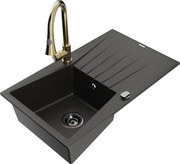 Mexen Cesar zlewozmywak granitowy 1-komorowy z ociekaczem i baterią kuchenną Elia, czarny/złoty metalik - 6514-75-670101-50-B