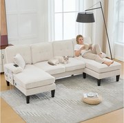 Nowoczesny narożnik 4-osobowy w kształcie litery U z 2 szezlongami - 250 x 130 x 88 cm - z wypełnieniem i oparciem - welur - beżowy