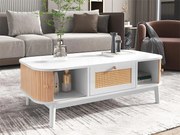 Stolik kawowy - ozdobiony rattanem i drewnem lite - styl wiejski - biały