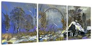 Obraz chaty w zimowym krajobrazie, obraz olejny (z zegarem) (90x30 cm)