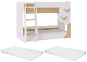 Łóżko piętrowe 2 x 90 x 190 cm - Biały i Naturalny + Materac - PILATI