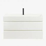 Zestaw Wiszących Mebli Łazienkowych Z Drewna I Forniru Jesionowego Zintegrowany Z Umywalką Ona Biała & Bezlusterkowiec - Sklum