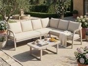 Salon Ogrodowy Narożny 6 Osób - Kanapa w Kształcie L z Wykończeniem z Plecionego Sznurka - Stolik Kawowy ze Szkła Hartowanego - Wytrzymała Stal Ocynkowana - Beżowy