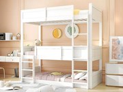 Łóżko piętrowe 3x90x200 cm z litego drewna - z 2 stelażami na listwy - Białe