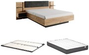 Łóżko ze stolikami nocnymi 160 x 200 cm - Z diodami LED - Kolory: Naturalny i Antracyt + Stelaż + Materac - ELYNIA