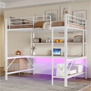 Łóżko piętrowe z barierką i drabinką - 140 x 200 cm - z USB i zasilaczem - oświetlenie LED i biurko - materac nie jest wliczony w cenę - metalowe - białe