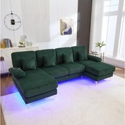 Sofa w kształcie litery U - 265 x 135 x 88 cm - z diodami LED + port USB-C + 4 poduszki - aksamit - zielony