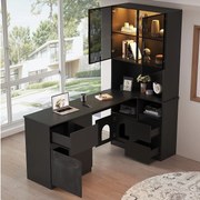 Biurko narożne 120×80×180 cm - Z półkami i witryną LED - 3 szuflady, 2 drzwi i otwarte półki - MDF - Czarny