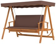Outsunny Huśtawka Ogrodowa z Daszkiem, Drewniana, z Funkcją Leżanki, na 3 Osoby, Brąz