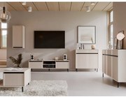 Elegancki komplet mebli do salonu Kaja z witryną, szafką rtv, ławą oraz dwoma komodami