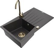 Mexen Cesar zlewozmywak granitowy 1-komorowy z ociekaczem i baterią kuchenną Telma, czarny nakrapiany - 6514-76-670200-50