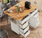Mobilna wyspa kuchenna - Blat wysuwany - 8 szuflad i 1 drzwi - Z półką na przyprawy - MDF - Biały
