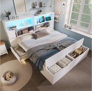 Łóżko dziecięce drewniane z pojemnikiem - 140 x 200 cm - z zagłówkiem ze schowkiem + diody LED + USB + szuflady + ławka - drewno - białe