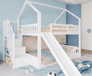 Łóżko piętrowe 140x200cm z drewna - z barierkami + schodami do przechowywania + zjeżdżalnią - Białe
