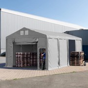 TOOLPORT 5x8m Namiot magazynowy - 3,0 m wysokość ścian bocznych z podciąganą do góry bramą, PVC 850, szary, ze statyką (podłoże betonowe) - (94016)