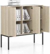 Szafa biurowa FRAME, niska, czarna podstawa, 3x drzwi, 1299 x 450 x 1331 mm, PUSH-lock, dąb naturalny