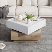 Stolik kawowy kwadratowy z obrotowym blatem 360° - 60 x 60 x 38 cm - Płyta wiórowa - Biały + Orzech naturalny