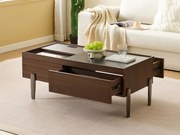 Stolik kawowy 105x50x41.5 cm - z 2 szufladami - Blat szklany - Nogi metalowe - MDF - Brązowy