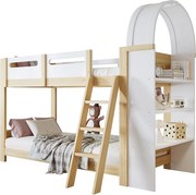 Łóżko piętrowe dla dzieci - 2 x 90 x 200 cm - z półką 3-poziomową + barierką zabezpieczającą - sosna + MDF + sklejka - białe + naturalne