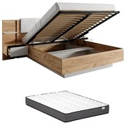 Łóżko ze skrzynią i szafkami nocnymi 160 x 200 cm - Z oświetleniem LED - Naturalny i biały + Materac - ELYNIA