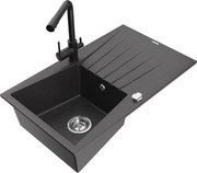 Mexen Cesar zlewozmywak granitowy 1-komorowy z ociekaczem i baterią kuchenną Duero, czarny nakrapiany - 6514-76-671600-70