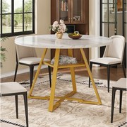 Okrągły stół jadalny - 120 x 120 x 75 cm - stół śniadaniowy ze złotymi nogami - imitacja marmuru - płyta MDF + metal - biały