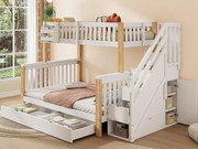 Łóżko piętrowe dla dzieci 90x200+140x200cm - Łóżko podwójne - z 2 szufladami - z szafą schodową - Białe + naturalne (materac nie wliczony)