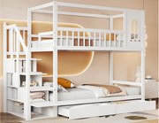 Łóżko piętrowe 90x200cm z litego drewna - 2 szuflady i schody do przechowywania - Białe