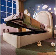 Łóżko ze schowkiem 90 x 200 cm z okrągłym zagłówkiem - Skóra PU - Wzór kosmiczny - Beż (bez materaca)