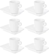 Zestaw porcelanowych filiżanek do kawy z prostokątnym spodkiem, biały, 6 sztuk, 180 ml