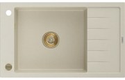 Mexen Elias zlewozmywak granitowy 1-komorowy z ociekaczem 795 x 480 mm, beżowy, syfon złoty - 6511791005-69-G