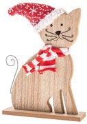 Drewniany kot z dzianinowym szalikiem i czapką, 29 cm