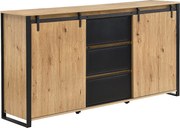 Kredens z 2 przesuwnymi drzwiami i 3 szufladami z MDF i czarnego metalu - Naturalny - BELINARO