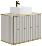 Szafka łazienkowa wisząca ryflowana ze złotą listwą i kwadratową umywalką nablatową - Beżowy - 80 cm - KELIZA