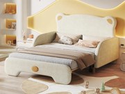 łóżko dziecięce tapicerowane 140x200cm z weluru - łóżko wysuwane z wezgłowiem w kształcie misia i stelażem na listwy - Beżowe