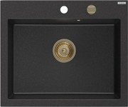 Mexen Elix zlewozmywak granitowy 1-komorowy 600 x 500 mm, czarny/srebrny metalik, syfon złoty - 6525601005-73-G