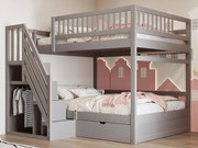 Łóżko piętrowe 140x200cm - z drabinką bezpieczeństwa - z 1 szufladą - z stelażem na listwach - szare (materac nie wliczony)