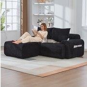 Sofa modułowa 2-osobowa - 200 x 174 x 80 cm - z 1 pufem + uchwytem na kubek + kieszenią do przechowywania - aksamitna - czarna