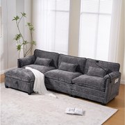 Nowoczesna sofa 3-osobowa - 279 x 83 x 85 cm - z portem USB + kieszenią boczną + podnóżkiem ze schowkiem - welur - szara