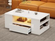 Nowoczesny lakierowany błyszczący stolik kawowy 95x53x37 cm - z oświetleniem LED - 2 szuflady i 2 półki - Biały