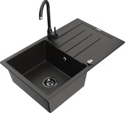 Mexen Bruno zlewozmywak granitowy 1-komorowy z ociekaczem i baterią kuchenną Telma, czarny/złoty - 6513-75-670200-70-B