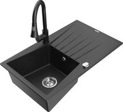 Mexen Cesar zlewozmywak granitowy 1-komorowy z ociekaczem i baterią kuchenną Elia, czarny/srebrny metalik - 6514-73-670101-70