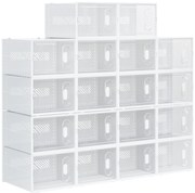 HOMCOM 18-elementowy regał na buty, stabelowane pudełka na buty do rozmiaru 45, magnetyczne drzwi, tworzywo sztuczne, 28 x 36 x 21 cm